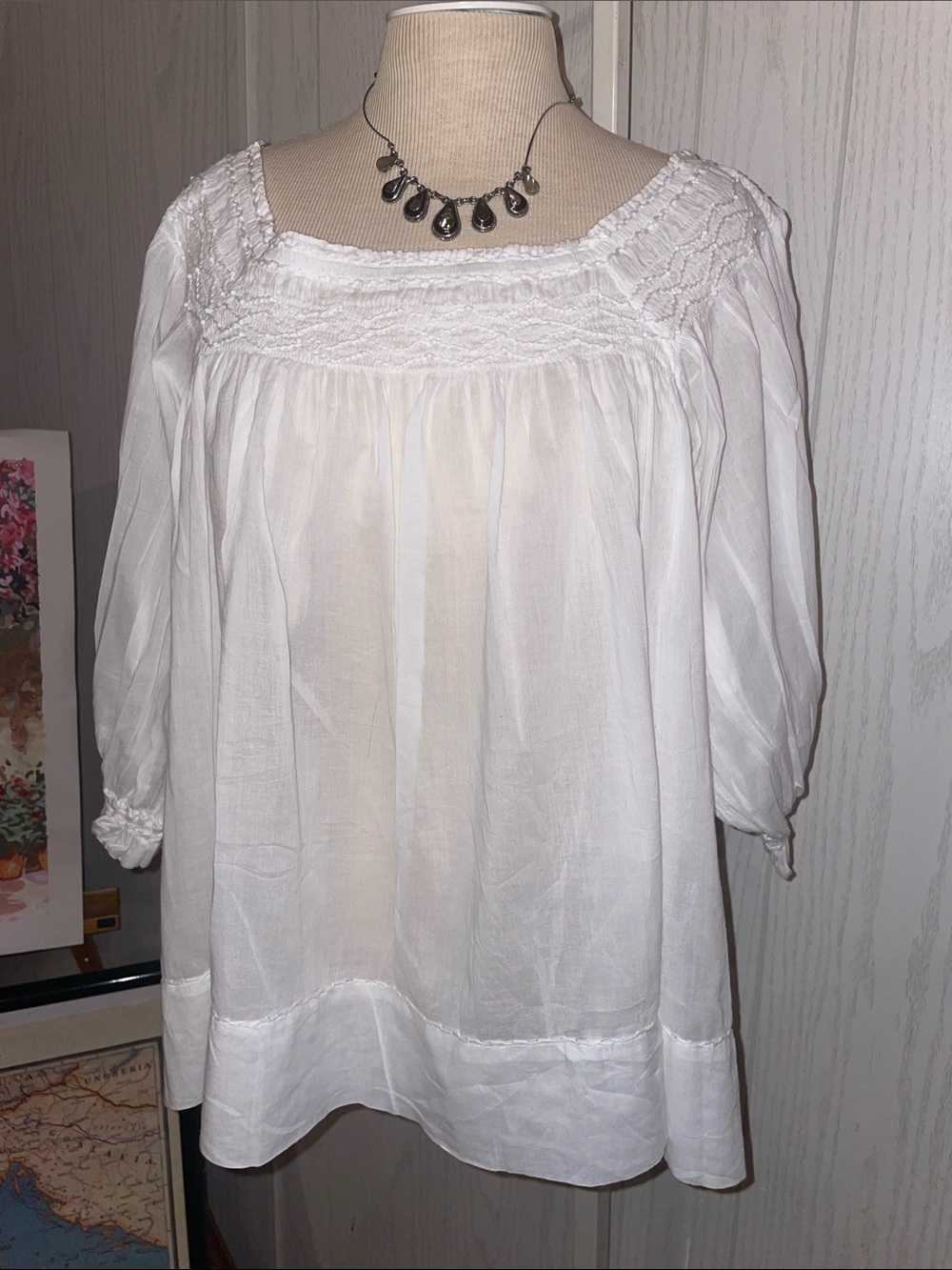 FARM RIO WHITE COTTON SMOCKED TOP BLOUSE FREE SIZE xL Boho Festival Hippy
